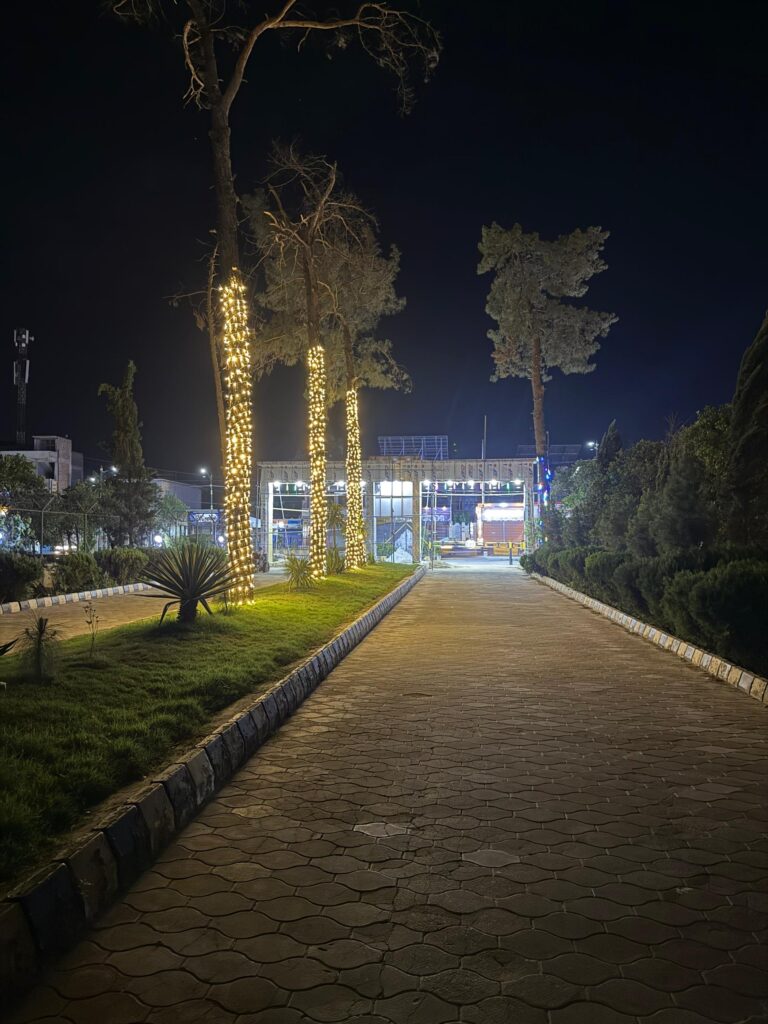 Spin Ghar Hotel trees lit up at night time